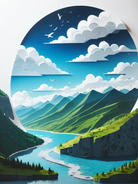 paper cut out，with blue sky and white clouds，Green Mountains and Green Water，terraced，Birds fly over it, layered paper art, arte em papel cortado, layered paper style, paper art, intricate 3 d illustration, paper cut out collage artwork, paper cut out, 3d ...