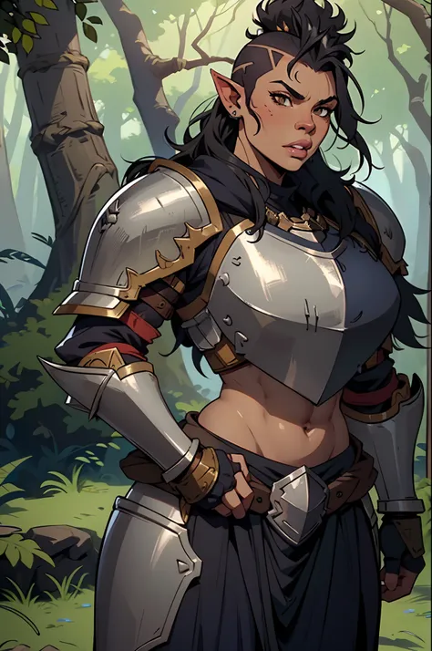 Solo, orc, girl, standing, muscular, (tusks, underbite), forest, teeth, ((armor, chestpiece, knight)), (big lips, thick lips), tan skin, ((mohawk)), messy hair, wavy hair, abs, navy cloak, black hair