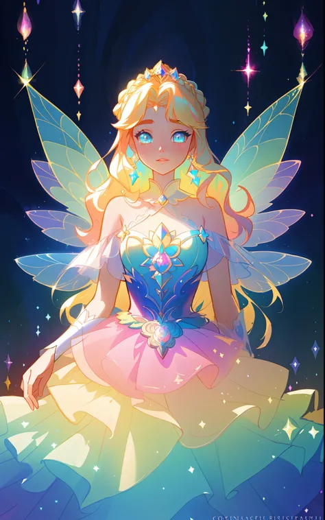 beautiful girl, puffy tiered rainbow ballgown, princess, intricate dress design, (colorful), long wavy hair, magical lights, sparkling magical liquid, inspired by Glen Keane, inspired by Lois van Baarle, disney art style, by Lois van Baarle, glowing aura a...