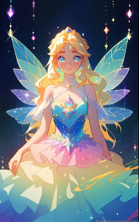 beautiful girl, puffy tiered rainbow ballgown, princess, intricate dress design, (colorful), long wavy hair, magical lights, sparkling magical liquid, inspired by Glen Keane, inspired by Lois van Baarle, disney art style, by Lois van Baarle, glowing aura a...