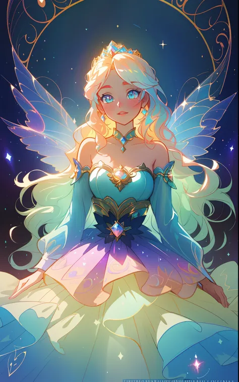 beautiful girl, puffy tiered rainbow ballgown, princess, intricate dress design, (colorful), long wavy hair, magical lights, sparkling magical liquid, inspired by Glen Keane, inspired by Lois van Baarle, disney art style, by Lois van Baarle, glowing aura a...