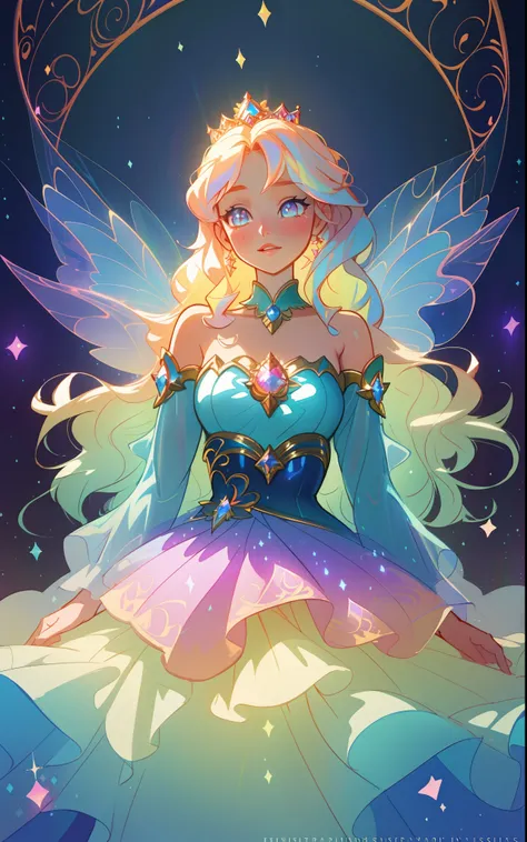 beautiful girl, puffy tiered rainbow ballgown, princess, intricate dress design, (colorful), long wavy hair, magical lights, sparkling magical liquid, inspired by Glen Keane, inspired by Lois van Baarle, disney art style, by Lois van Baarle, glowing aura a...