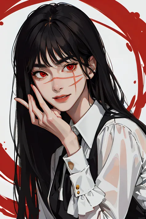 (masterpiece, best quality: 1.2), yoru(chainsaw man),(very detailed face, real image, realistic skin, realistic body, intricate details), (solo, upper body) evil smile, 
serious, looking at the viewer, red eyes, school uniform, pinaforee dress, shirt, neck...