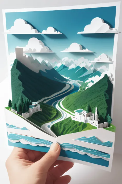 paper cut out，with blue sky and white clouds，Green Mountains and Green Water，terraced，Birds fly over it, layered paper art, arte em papel cortado, layered paper style, paper art, intricate 3 d illustration, paper cut out collage artwork, paper cut out, 3d ...