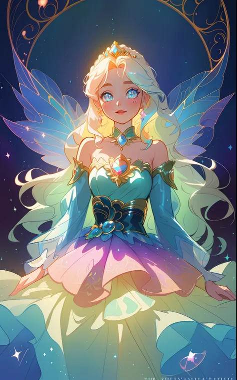 beautiful girl, puffy tiered rainbow ballgown, princess, intricate dress design, (colorful), long wavy hair, magical lights, sparkling magical liquid, inspired by Glen Keane, inspired by Lois van Baarle, disney art style, by Lois van Baarle, glowing aura a...