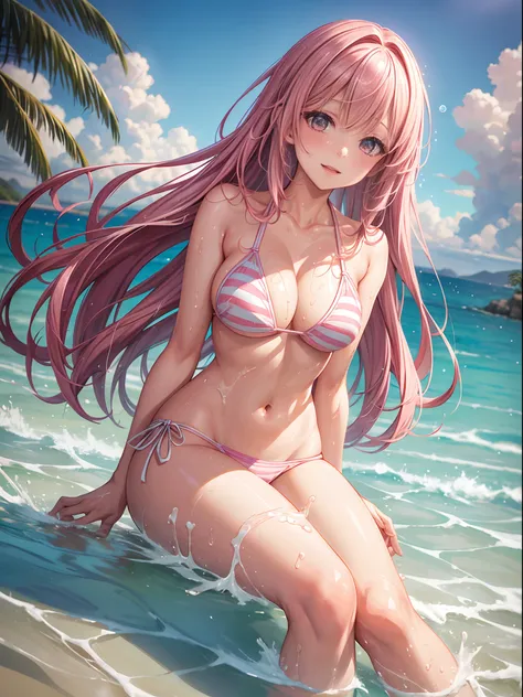 top-quality、Full limbs、complete fingers、One beautiful woman、Beautiful Large Breasts、Long、straight haired、Pink hair、White bikini with pink horizontal lines、Wet texture、splash water、Mare、beach、Naughty Poses、Sit by the water