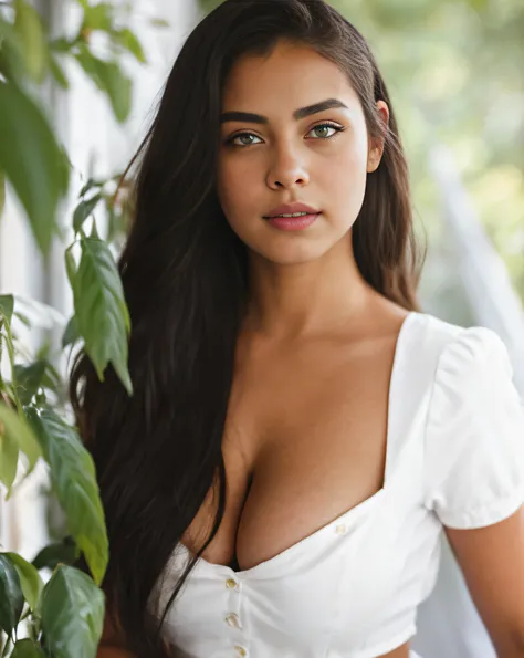 RAW photo, waist up portrait of ingrid Belásquez, Venezuelan, a beautiful woman around 18 years old, brunette, wears a white blouse, cleavage, (busty) petite, dark skin, wonderful long straight black hair, round face:1.2, childrens big eyes, exotic (light ...