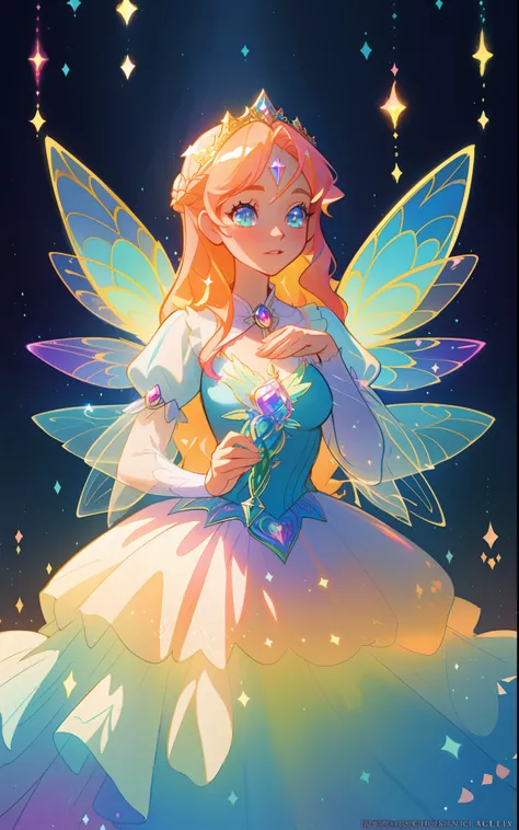 beautiful girl, puffy tiered rainbow ballgown, princess, intricate dress design, (colorful), long wavy hair, magical lights, sparkling magical liquid, inspired by Glen Keane, inspired by Lois van Baarle, disney art style, by Lois van Baarle, glowing aura a...