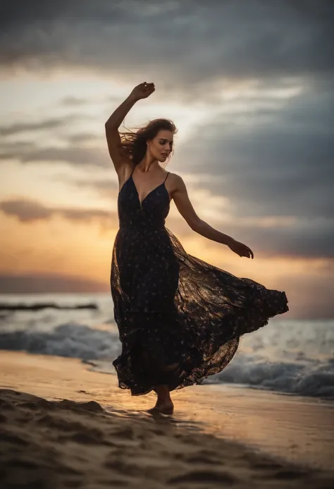 Beautiful woman wearing dress dancing on the beach at midnight