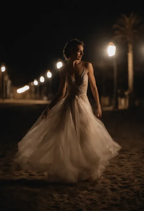 Beautiful woman wearing dress dancing on the beach at midnight