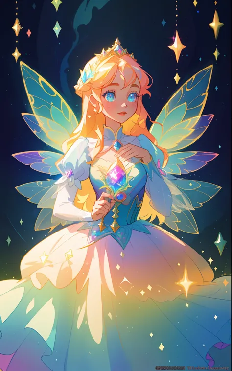 beautiful girl, puffy tiered rainbow ballgown, princess, intricate dress design, (colorful), long wavy hair, magical lights, sparkling magical liquid, inspired by Glen Keane, inspired by Lois van Baarle, disney art style, by Lois van Baarle, glowing aura a...