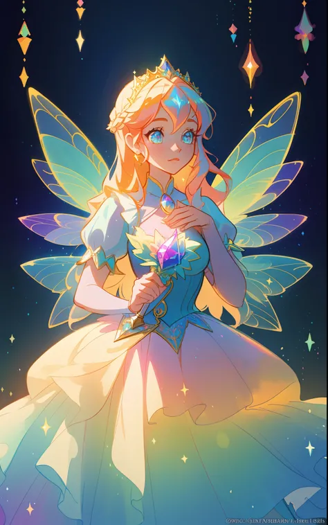 beautiful girl, puffy tiered rainbow ballgown, princess, intricate dress design, (colorful), long wavy hair, magical lights, sparkling magical liquid, inspired by Glen Keane, inspired by Lois van Baarle, disney art style, by Lois van Baarle, glowing aura a...