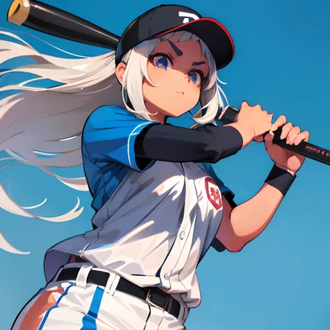 Tanned skin girl in baseball uniform，Long gray hair、thick eyebrow、Style based on the work of Capcoms Kinu Nishimura、illustratio