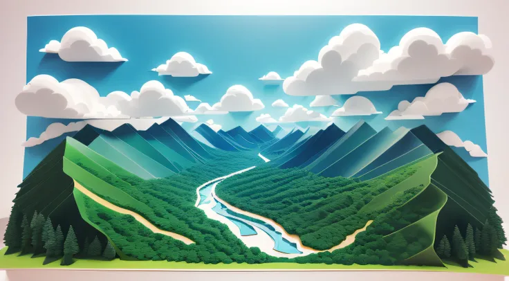 paper cut out，with blue sky and white clouds，Green Mountains and Green Water，terraced，Birds fly over it, layered paper art, arte em papel cortado, layered paper style, paper art, intricate 3 d illustration, paper cut out collage artwork, paper cut out, 3d ...