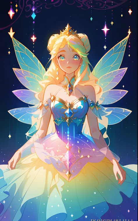 beautiful girl, puffy tiered rainbow ballgown, princess, intricate dress design, (colorful), long wavy hair, magical lights, sparkling magical liquid, inspired by Glen Keane, inspired by Lois van Baarle, disney art style, by Lois van Baarle, glowing aura a...