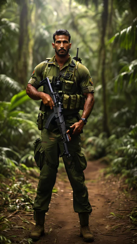 Homem de uniforme militar segurando um fuzil em uma floresta, soldado masculino na floresta, em um ambiente de selva, Ranger masculino robusto em batalha, Ranger masculino robusto, Ainda do filme Predador, na selva, do filme predador 1987, em uma selva, em...