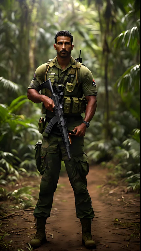 Homem de uniforme militar segurando um fuzil em uma floresta, soldado masculino na floresta, em um ambiente de selva, Ranger masculino robusto em batalha, Ranger masculino robusto, Ainda do filme Predador, na selva, do filme predador 1987, em uma selva, em...