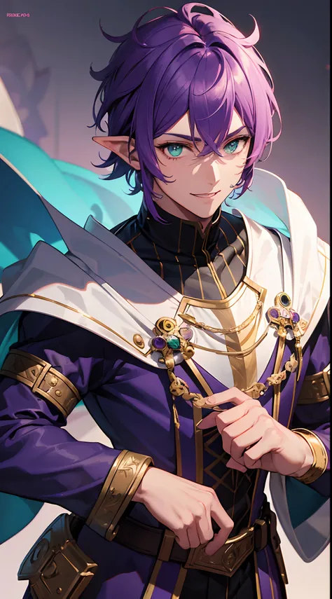 Cover magazine. A g man with dark brown skin. He had short hair. Light purple hair. Bright purple hair. and green eyes. His ears were pointed. A dark elf. fantasy style of dress. Smile. Stumpy. Knight. Handsome. Light background. Maskulin