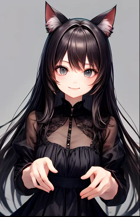 girl with、No background、without background、Background through、A dark-haired、The long-haired、Long、Black eyes、Black eye、Black dress、Cats ears、Animal ears、A smile、kawaii、