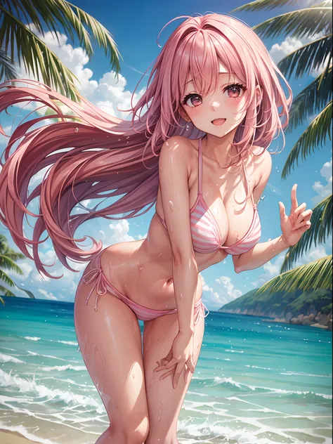 top-quality、Full limbs、complete fingers、one beautiful women、Beautiful Large Breasts、Long、straight haired、Pink hair、((White bikini with pink horizontal lines))、Wet texture、splash water、Mare、beach、Naughty Poses、all-fours、Composition seen from behind