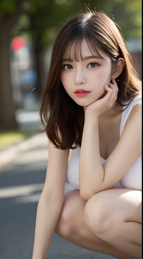 finely detail, hight resolution, hightquality、Perfect dynamic composition, Beautiful detailed eyes, Medium Hair, Colossal tits 、Natural Color Lip, Squatting,Kamimei、Shibuya、college aged、1 persons、Transparent skin、Glowing hair