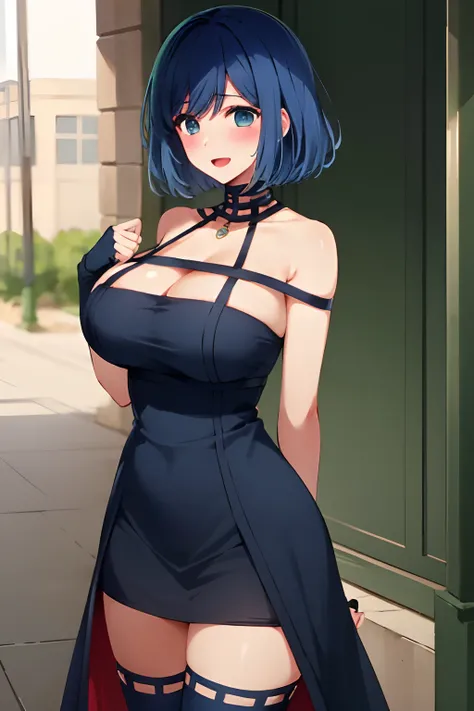 ​masterpiece, hightquality, 8K, beautiful  lighting, 1girl in, 独奏, Akane,  (one length bob:1.3),(darkblue hair:1.3), Smile with open mouth,、blackdress、black thighhighs、Fingerless gloves、cleavage of the breast、plein air,cowboy  shot, looking at the viewers,...