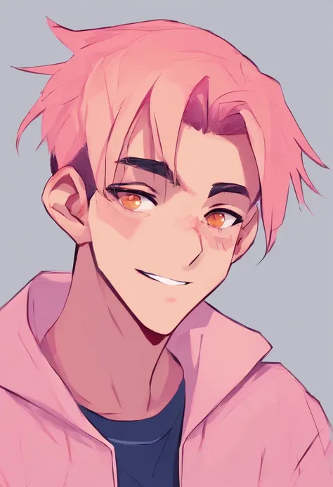 teenage boy, orange skin, pink hair, pink eyes, topknot, straight hair, shaved hair on the sides, dark blue shirt, smile, pink eyebrows, 2d, cartoon style