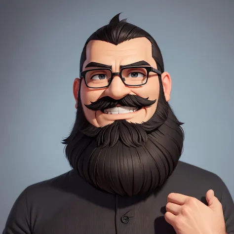 man with black-trimmed eyeglasses, beard, grinning wide, avatar, onlineshop, pixarstyle