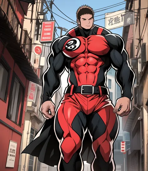 Estilo de arte anime, Imagen de cuerpo completo, The angle of the image should be frontal and full-length (((Frente.))) Extremely muscular and tall character, with bodywork, El personaje tiene el pelo muy corto con flequillo rojo oscuro, Tiene ojos naranja...