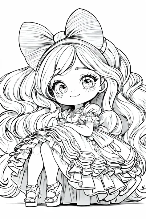 masterpiece, top quality, highly detailed, highly detailed face, a small girl, large hair, hair bow, very big feet, very big mary jane shoes, very big hands, dress, lies down, dynamic pose, smiling, monochrome, ((line drawing)), ((line art)),