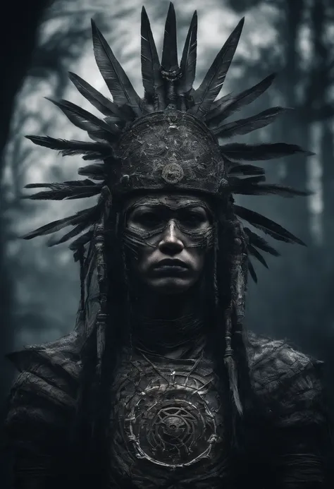 roduce a visually captivating portrait image in a square format. The subject is an enigmatic figure situated amidst a hauntingly atmospheric forest setting during the twilight hours. Foreground: - A tribal chieftain adorned with an intricate ceremonial hea...