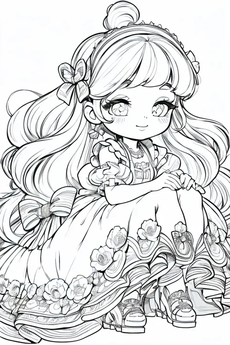 masterpiece, top quality, highly detailed, detailed face, a small girl, large hair, hair bow, dress, mary jane shoes, lies down, smiling, monochrome, ((line drawing)), ((line art)),