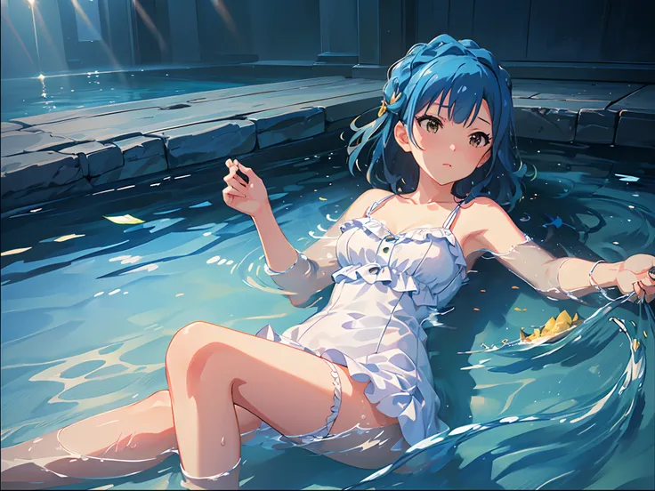 yuriko nanao (million live), masterpiece, best quality, 8k, high resolution, ((from side)), (((under the water:1.5, sinking into the water, on back:1.2))), white dress, sun dress,