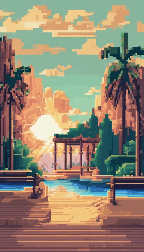 Pixel art tourism landscape. Evening. 3D pixel art 4K wallpaper. Incredible pixel art detail. Pixel art. Steam waves. Detailed Unreal Engine pixel art