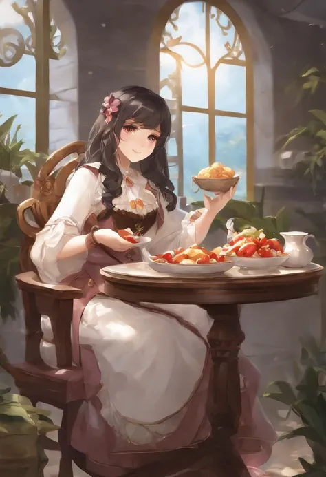 Anime girl sitting in a chair with a bowl of food in her hand, Chica alquimista, Portada de novela ligera, Arte Oficial, epic light novel art cover, Ilustraciones oficiales, epic light novel cover art, loli, isekai, small curvy loli, Cushart Krenz, Cushart...