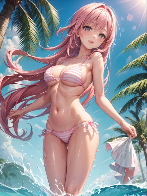 top-quality、Full limbs、complete fingers、one beautiful women、Beautiful Large Breasts、Long、straight haired、Pink hair、((White bikini with pink horizontal lines))、Wet texture、splash water、Mare、beach、Dynamically playing、Dancing