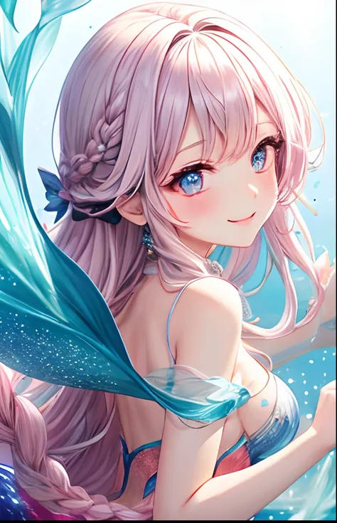 girl with、No background、without background、Background through、white  hair、Light blue eyes、Aimei、The long-haired、Long、Braiding、Pink Little Mermaid、mermaids、pink there、A smile、Glitter、Glitter eyes、kawaii、