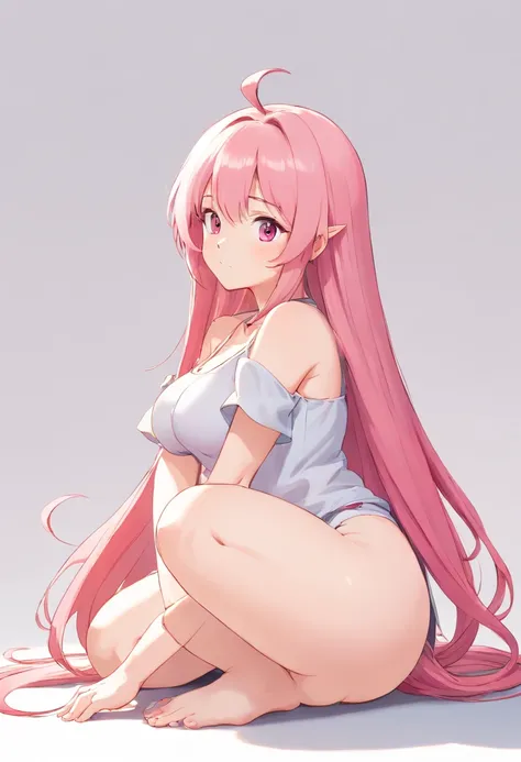 27yr old female ,curvy , Long straight Pink hair , dog ears, no pet, masterpiece, best quality, empty white background, full body image, on knees, kneeling