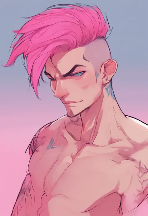 nsfw gay art, skinny boy, pink topknot hair, 2d style, teenage, naked, hard dick, cartoon style, flat colors