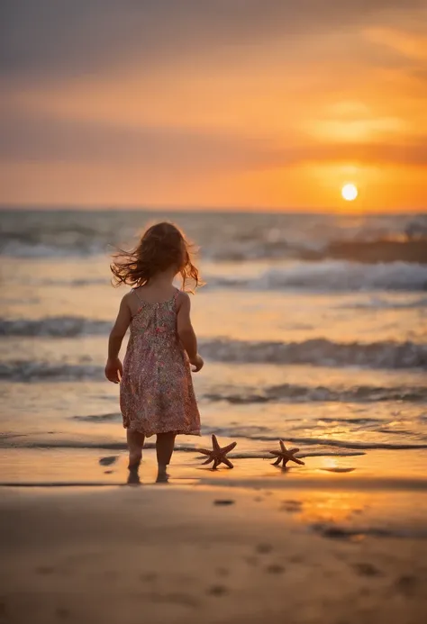 Small girl, 4 years old, playing on the beach with lots of seashells and starfish. Black hair and blue eyes. At sunset in vibrant colors. 8k, realistic