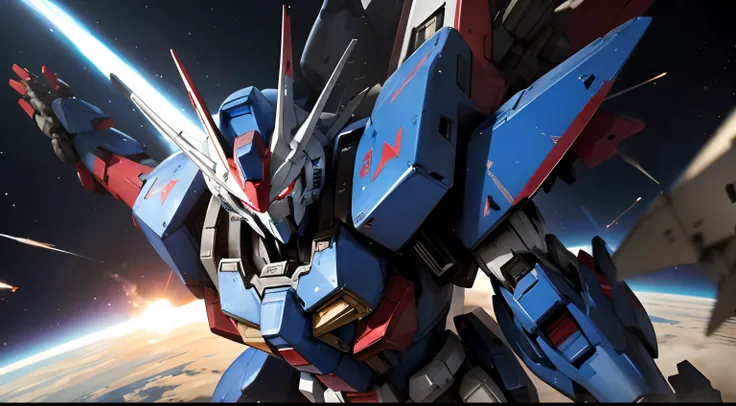 Blue and redＺＺGundam、Mobile Suit Robot、Engage fiercely with enemy mobile armored robots、flying in space