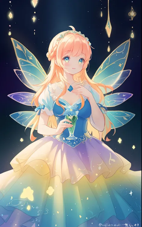 beautiful girl, puffy tiered rainbow ballgown, princess, intricate dress design, (colorful), long wavy hair, magical lights, sparkling magical liquid, inspired by Glen Keane, inspired by Lois van Baarle, disney art style, by Lois van Baarle, glowing aura a...