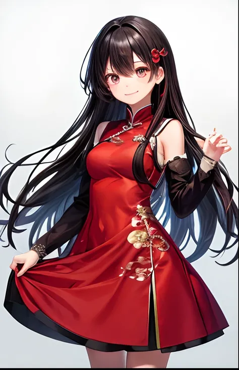 girl with、No background、without background、Background through、A dark-haired、The long-haired、long、Eyes are red、Akame、qipao dress、Red dress、A smile、kawaii、