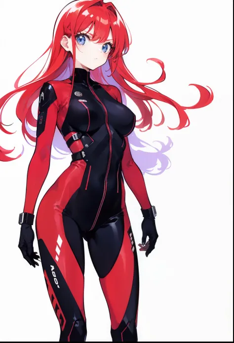 Red-haired, Medium Tits, tecno-suit, Serious posture.