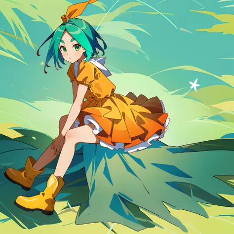 1girll, female, solo, (the wood of the four heroes), (onoki hart), aqua_hair, short_hair, green_eyes, double tails, dress, strea...