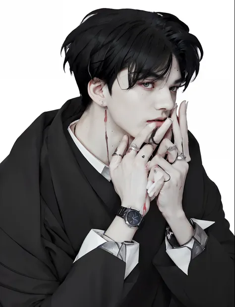 anime boy with black hair and a black suit and a watch, handsome guy, with index finger, handsome anime pose, high quality fanart, black haired yoongi, handsome japanese boy, (masterpiece, best quality, ultra-detailed, best shadow), (plain white background...