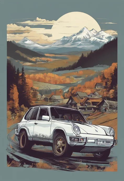 T-shirt design, blueridge mountains, vector, a Porsche Cayenne with a scenic landscape in the background, detailed illustration, and retro style