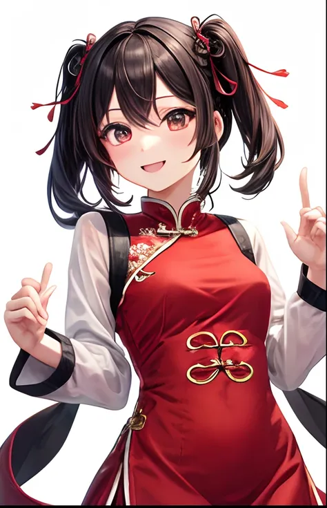 girl with、No background、without background、Background through、A dark-haired、Twin-tailed、Two knots、Eyes are red、Akame、qipao dress、Red dress、Chinese、A smile、kawaii、