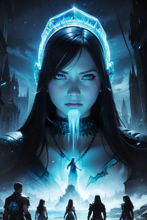 picture of giant female ice revenant, looming a party of five adventurers, highly detailed, detailed face, smooth, sharp focus, high fantasy, horror, chiaroscuro, blue monochromatic, digital painting, artgerm and greg rutkowski and alphonse mucha