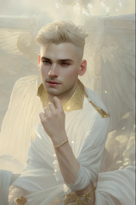 Up close portrait of a male angel, d & d, face, fantasy, intricate, elegant, highly detailed, digital painting, artstation, concept art, smooth, sharp focus, illustration, art by artgerm and greg rutkowski and alphonse mucha